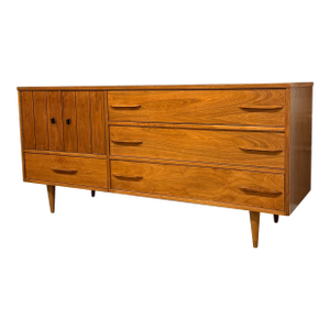1960s Mid-Century Modern Possibly Teak Credenza / Dresser With Sculpted Pulls & Glass-Front Tray Drawers