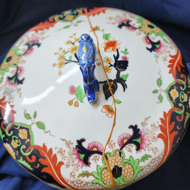 Shabby Chic Early 20th Century Royal Doulton Tureen, Matsumai Pattern, Kintsugi Style Repair For Sale - Image 3 of 11