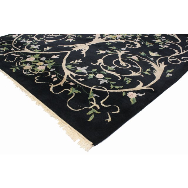 Vintage Indian Rug with Black Field and Modern Aubusson Style 06'00 08'10. This vintage Indian rug features a black field...