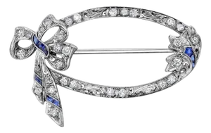 1940s Art Deco Sapphire Diamond Platinum Hand Engraved Millgrain Bow 1.30 Inch Brooch