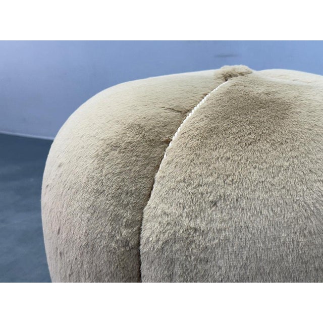 Czech Art Deco Round Ottoman with Faux Rabbit Upholstery, 1940s For Sale - Image 6 of 8