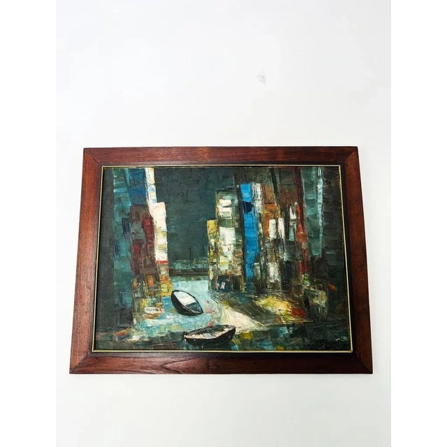 Vintage oil on board abstract painting featuring rowboats amongst structural and architectural figures. Illegible artist's...