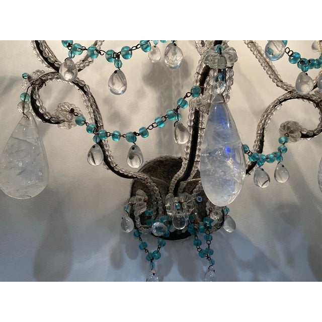 Pair of Crystal & Turquoise Beaded Three-Light Wall Sconces For Sale - Image 4 of 6