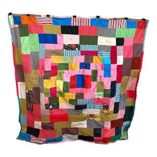 1970s Boho Patchwork Blanket Graphic Prints Quilt Vintage Handmade Square 57” X 57” For Sale