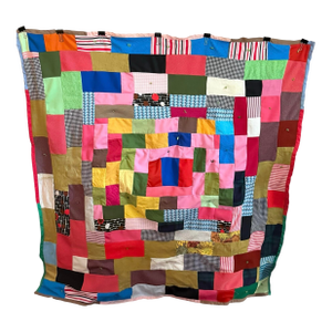 1970s Boho Patchwork Blanket Graphic Prints Quilt Vintage Handmade Square 57” X 57”