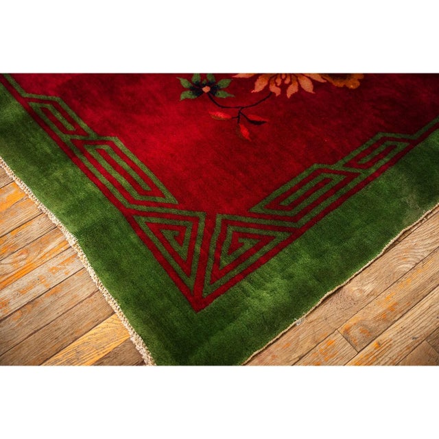 Textile 1920s Antique Fuschia Asymmetrical Floral Handknotted Wool Chinese Art Deco Rug For Sale - Image 7 of 8