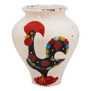 1900s White Pot Depicting a Hand Painted Model of a Rooster, Portuguese For Sale