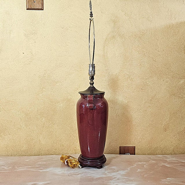 Vintage Burgundy Glazed Ceramic Table Lamp With Bell Shade, Circa Late 20th Century For Sale - Image 14 of 18
