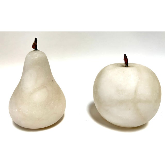 Pair of Italian Hand-Carved Alabaster Fruit Sculptures – Pear & Apple, Vintage Collectible Objects of Art Circa 1980s. A...