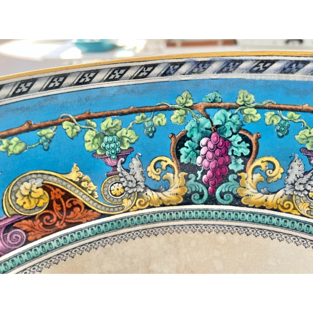 Antique Furnivall footed Bowl/ planter/ jardinière featuring a "Vine and Scroll" pattern with a turquoise blue background,...