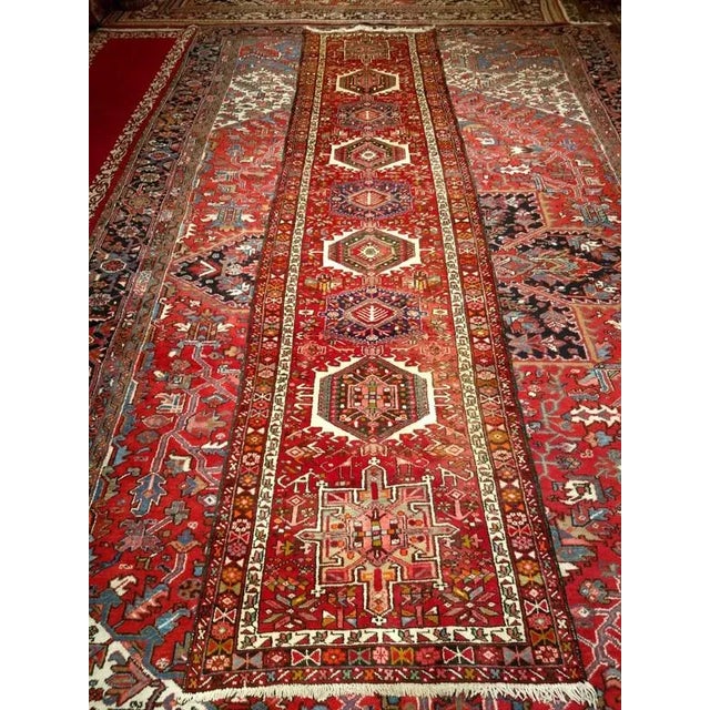 Textile Antique Persian Heriz Karajeh Runner, Geometric Medallion Pattern, Red & Navy, 4’ X 14’ For Sale - Image 7 of 7
