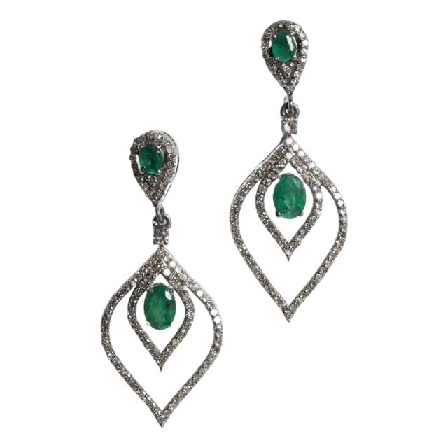 Emerald and Pave` Diamond Tear Drop Dangle Earrings For Sale
