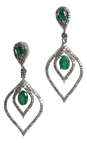 Emerald and Pave` Diamond Tear Drop Dangle Earrings
