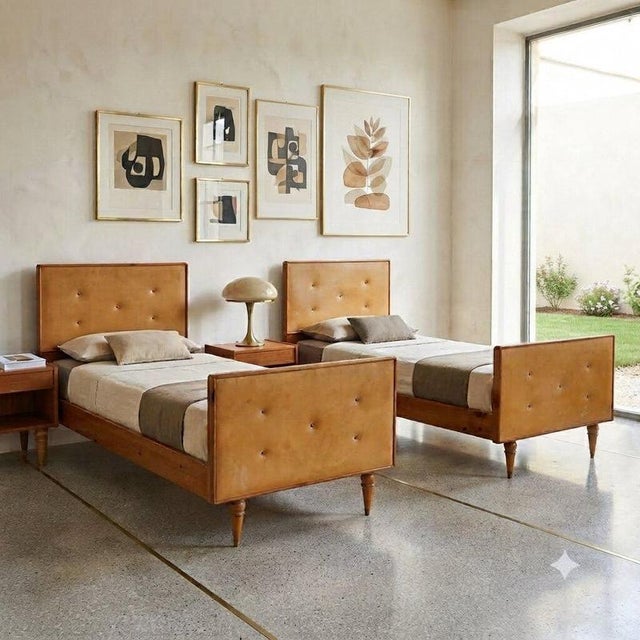 Pair of 1960s beds made of wood and skai, of Italian manufacture. The beds feature a wooden structure with headboards and...