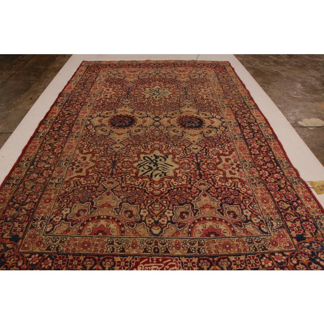 Traditional Antique Red Blue Cream Kerman Lavar Medallion Floral Wool Persian Rug For Sale - Image 3 of 6