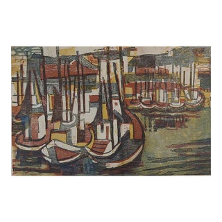 Vintage Mid Century Abstract Harbor Woodcut Print For Sale