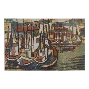Vintage Mid Century Abstract Harbor Woodcut Print