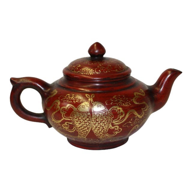 Chinese Zisha Clay Red Golden Scenery Teapot Display For Sale