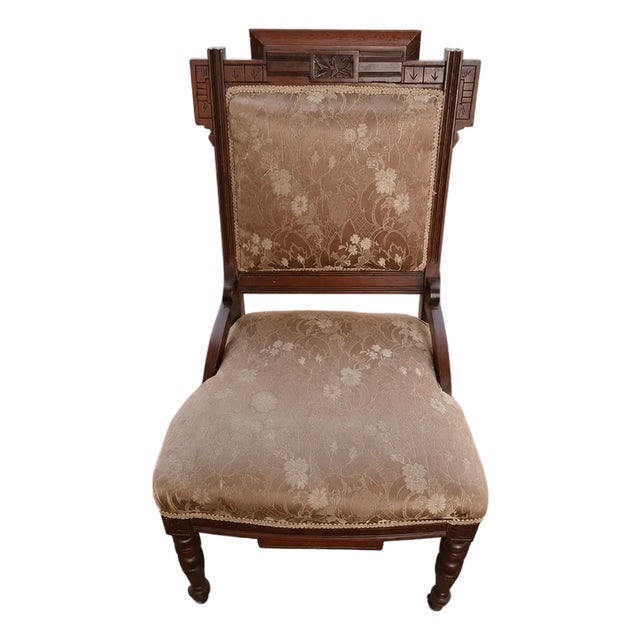 19th Century Victorian Eastlake Carved Walnut Upholstered Side Chair For Sale