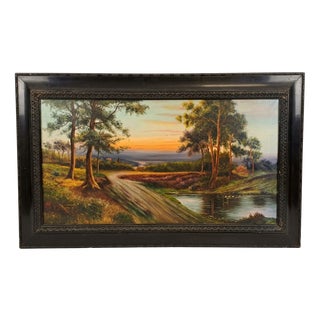 Hilly Landscape at Sunset with a Stream, 20th Century, Oil Painting on Canvas, Framed For Sale