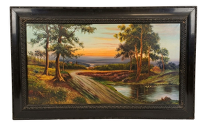 Hilly Landscape at Sunset with a Stream, 20th Century, Oil Painting on Canvas, Framed