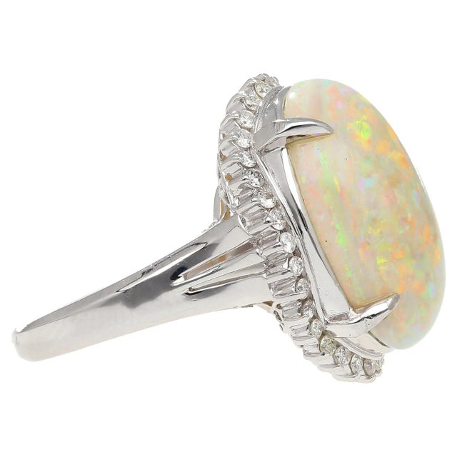 White 7.86 Carat Natural White Opal and Diamond Halo Platinum Ring For Sale - Image 8 of 12
