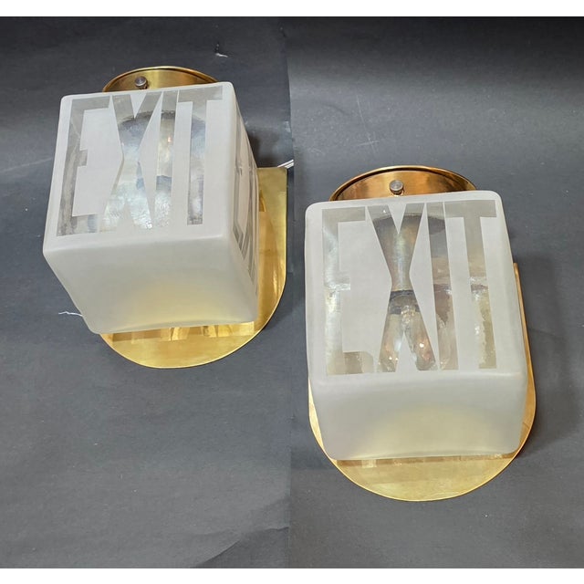 Art Deco Vintage Art Deco Light Old Lamp Wall Sconces Fixture Brass & Exit Frosted Cube Glass Shade Lamp Ship Light - a Pair For Sale - Image 3 of 5