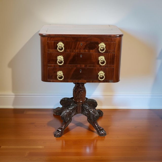 Brown Antique Federal Period Mahogany Three Drawer Stand With Embossed Brass Pulls C. 1820 For Sale - Image 8 of 11