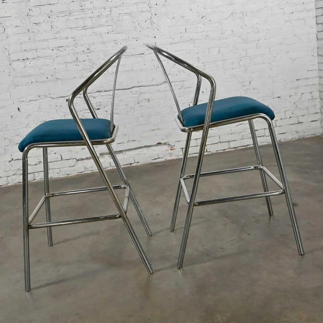 Modern Industrial Chrome & Blue Fabric Bar Height Barstools a Pair For Sale - Image 9 of 13