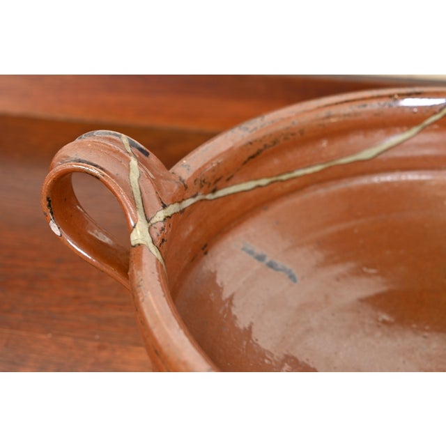 Large Painted Glazed Ceramic Studio Pottery Bowl With Handles From