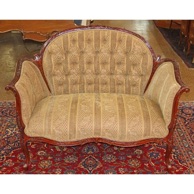 Mahogany Louis XV French Style Tufted Loveseat Sofa Settee Dimensions: 49" Wide X 22" Deep X 36.5" Tall This settee was...
