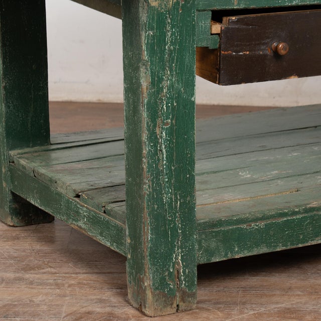 Rustic 19th Century Green Work Table With Drawer and Large Shelf, Hungary For Sale - Image 12 of 14