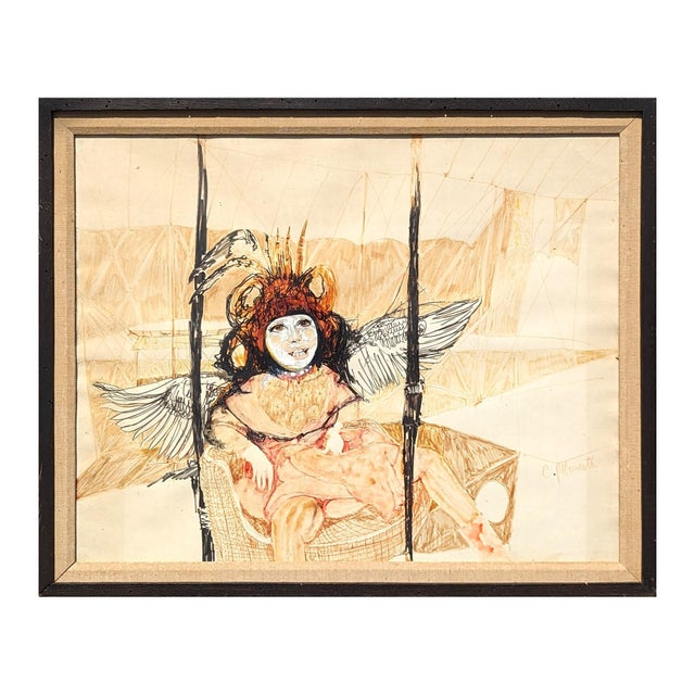 Charles Pebworth Modern Abstract Neutral Tone Figurative Drawing of a Woman with Wings, Late 20th Century For Sale - Image 4 of 11