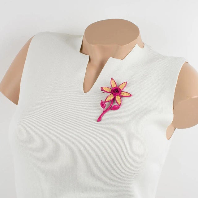 Metal John Galliano Paris Pink Enamel Metal and Straw Daisy Brooch For Sale - Image 7 of 8