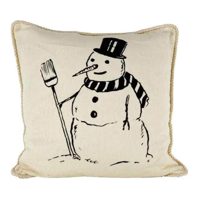 Snowman With Broom Linen Pillow For Sale