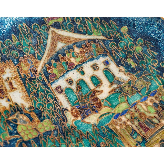 Modern Cloisonne and Blue Enamel Bronze Dish with Jousting Scene attributed to Walter Lochmüller, 1970s For Sale - Image 3 of 5