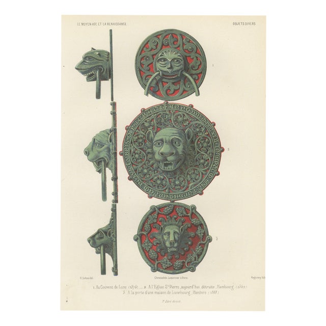 Ferdinand Séré, Lion Head Door Knockers, Lüneburg and Hamburg, 1851, Chromolithograph For Sale