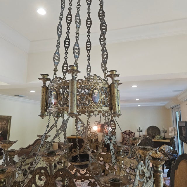 Late 19th Century Large Late 19th Century Neoclassical Bronze Ecclesiastical Chandelier With Enamel Plaques For Sale - Image 5 of 12