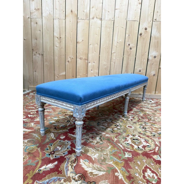 Louis XVI Kitchen Bench in Wood with Blue Fabric For Sale - Image 5 of 8
