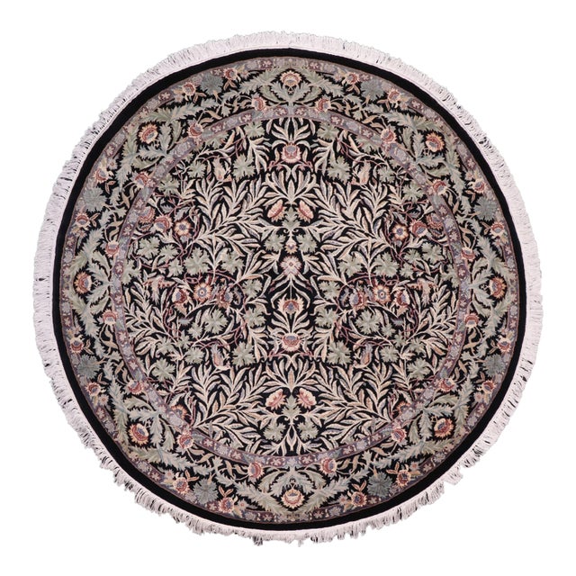 Boho Chic Botanical 1990's Pak-Persian Black/Grey Wool Round Rug- 6'0'' X 6'1'' For Sale