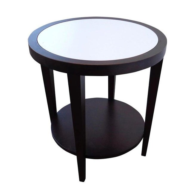 Trestle Round 2 Tier Side Table by Barbara Barry for HBF Studio Rich walnut 2 tier side table with composite top and...