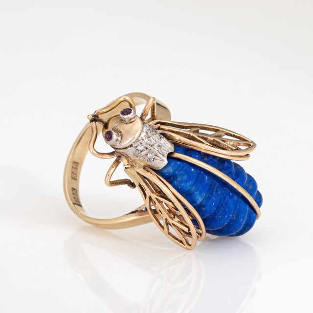 Modern 1970s 70s Vintage Diamond Insect Ring Sz 6 Large 14k Yellow Gold Fine Bee Jewelry For Sale - Image 3 of 6