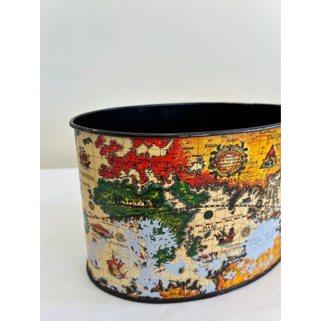 Mid 20th Century Vintage Metal World Map Cachepot Decorative Container For Sale - Image 5 of 10
