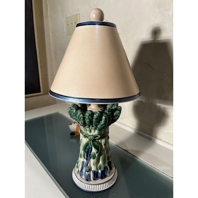 1 Wildwood Hand Painted Ceramic Asparagus Lamp with Wooden Painted Base and Finial, Crackle Finish Cream Shade with Blue...