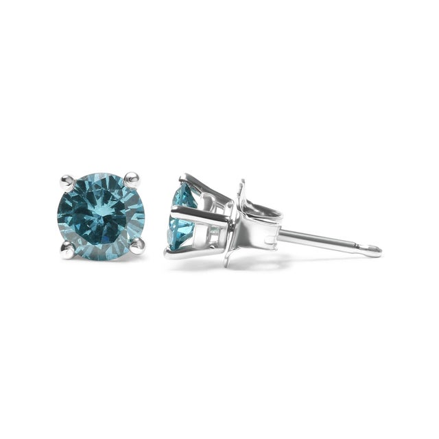 Contemporary 14K White Gold 1/2 Cttw Aqua Blue Diamond Screw-Back 4-Prong Classic Stud Earrings For Sale - Image 3 of 5