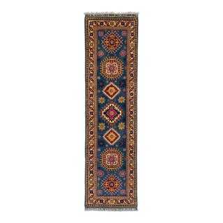 Blue and Pink Kazak-Style Wool Runner Rug With Geometric Medallions, 2'7" X 9'7" For Sale