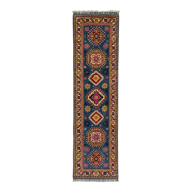 Blue and Pink Kazak-Style Wool Runner Rug With Geometric Medallions, 2'7" X 9'7" For Sale