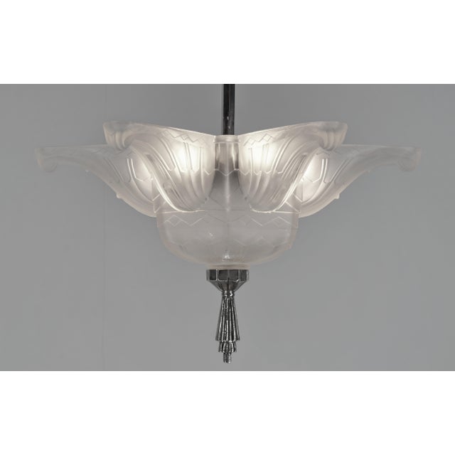 Metal French Art Deco Pendant Light Chandelier by Hanots 1930 France For Sale - Image 7 of 16