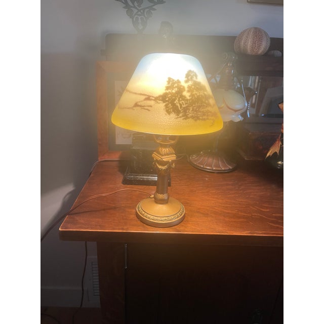 Metal 1920s Art Deco Reverse Painted Shade Original Gold Leaf Base Boudoir Lamp For Sale - Image 7 of 8