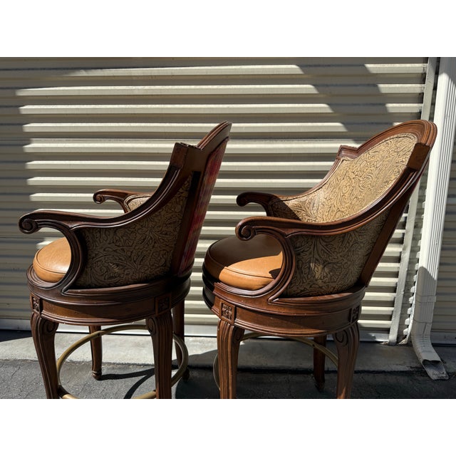 Pair of Century Furniture Savoy Swivel Bar Stools With Leather Seats and Paisley Upholstery For Sale In Los Angeles - Image 6 of 7